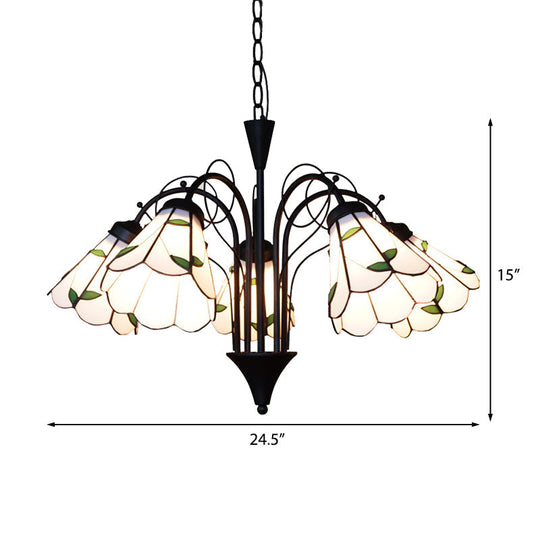 Rustic Stained Glass Leaf Chandelier With Metal Chain - 5 Light Pendant For Bedroom In Beige