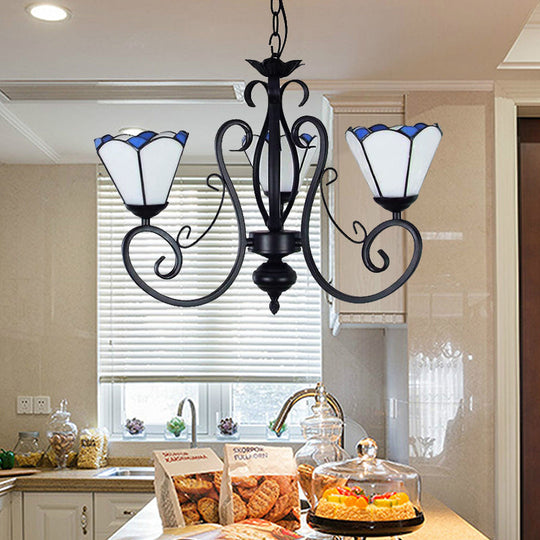 Tiffany Pendant Light With Adjustable Chain And 3 White Glass Cone Shades