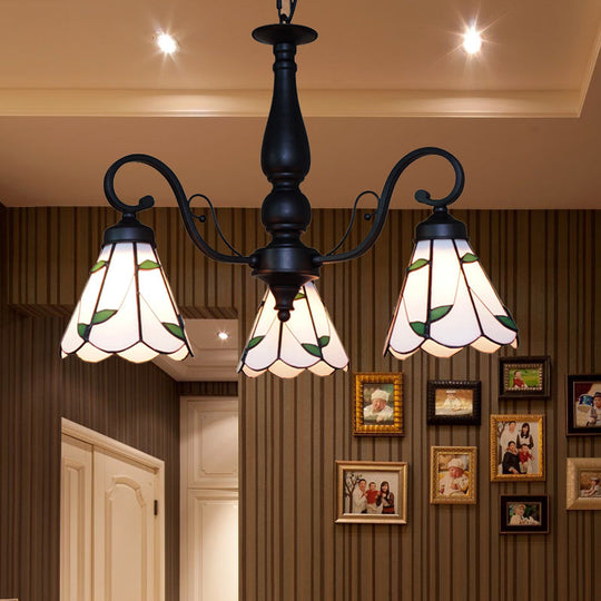 Adjustable Chain Stained Glass Cone Chandelier Lamp - Traditional Pendant Light With Rhombus/Leaf In