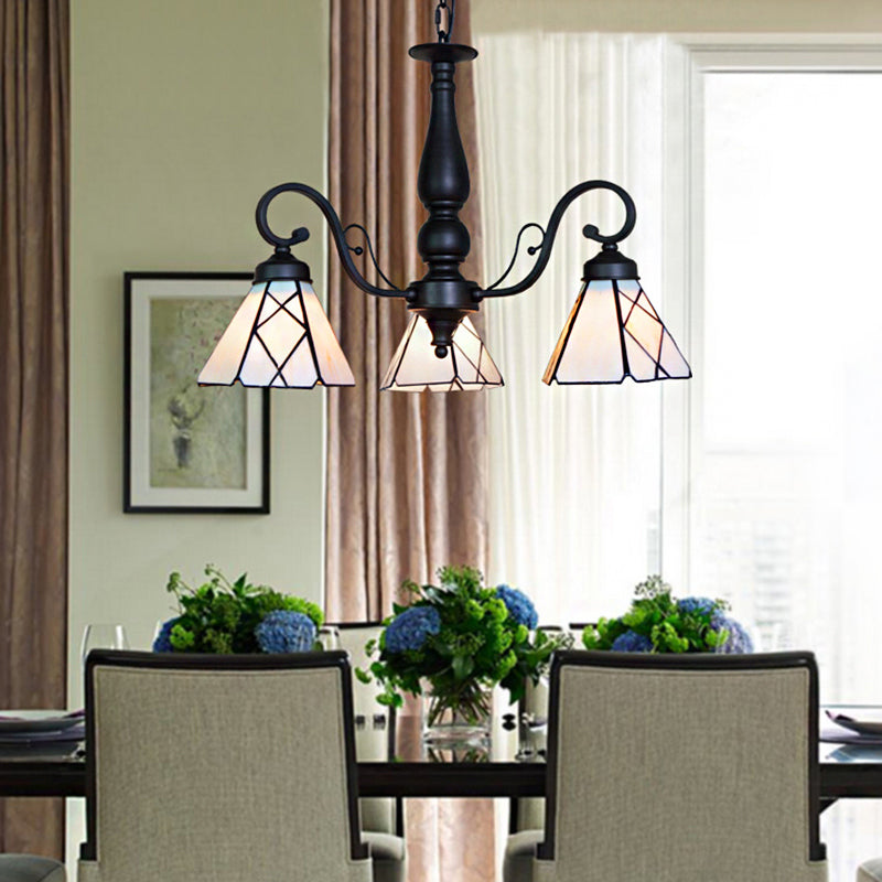 Adjustable Stained Glass Cone Chandelier With Traditional Pendant Light - 3 Lights And Rhombus/Leaf