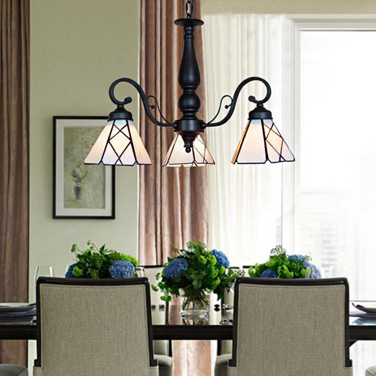 Adjustable Chain Stained Glass Cone Chandelier Lamp - Traditional Pendant Light With Rhombus/Leaf In