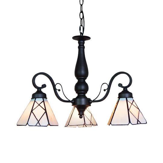 Adjustable Stained Glass Cone Chandelier With Traditional Pendant Light - 3 Lights And Rhombus/Leaf
