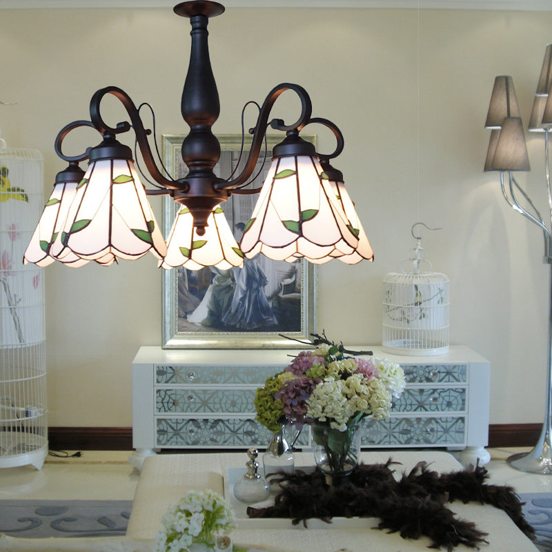 Rustic Cone Pendant Light With Gooseneck Rhombus/Leaf Pattern - 5 Lights Stained Glass Chandelier