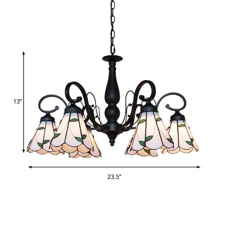 Vintage Beige Glass Cone Chandelier With Rhombus/Leaf Pattern - Ideal For Living Room Indoor
