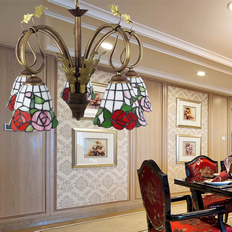 Adjustable Chain Rustic Chandelier - Rose Hanging Light 5 Lights Stained Glass Red