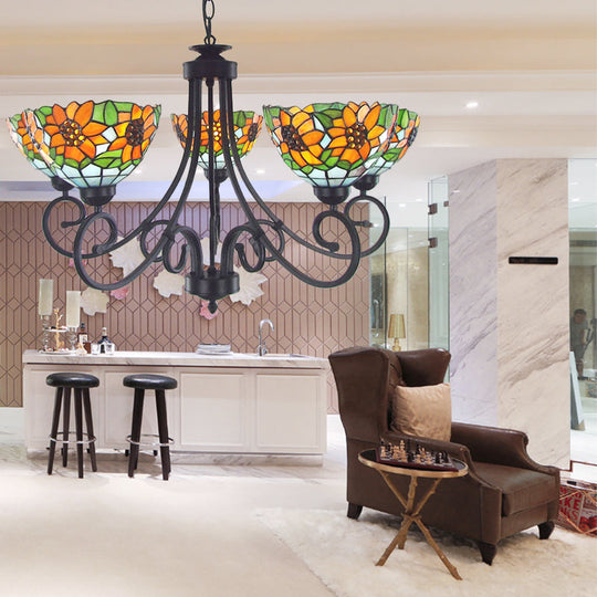 Rustic Sunflower Chandelier Pendant Light With Stained Glass Bowl Shade - 5 Lights In Orange