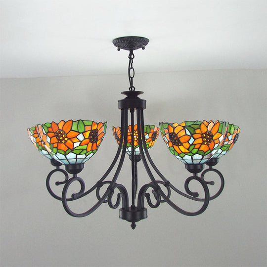 Rustic Sunflower Chandelier Pendant Light With Stained Glass Bowl Shade - 5 Lights In Orange