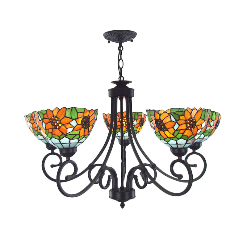 Rustic Sunflower Chandelier Pendant Light With Stained Glass Bowl Shade - 5 Lights In Orange