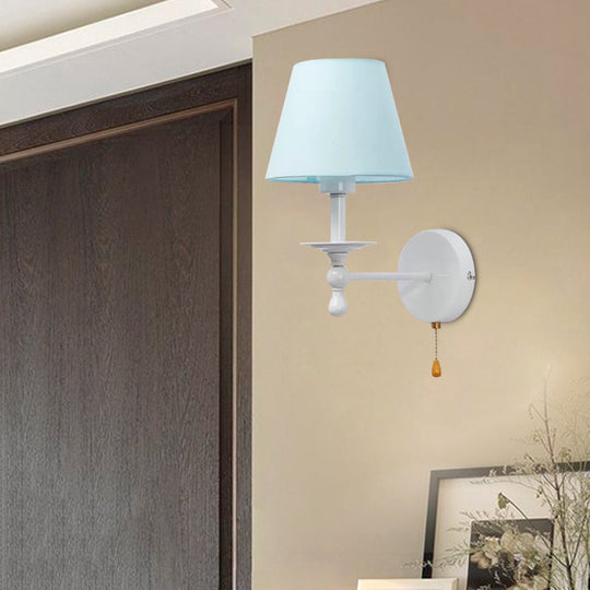 Modern Blue Fabric Tapered Shade Wall Light With Pull Chain - Dining Room Sconce
