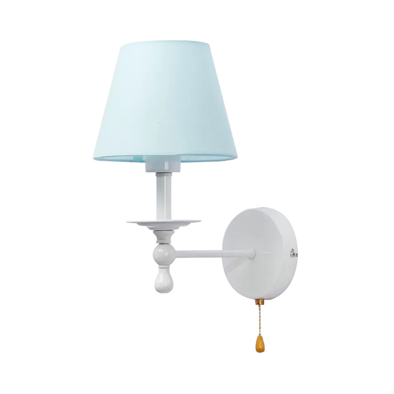 Modern Blue Fabric Tapered Shade Wall Light With Pull Chain - Dining Room Sconce