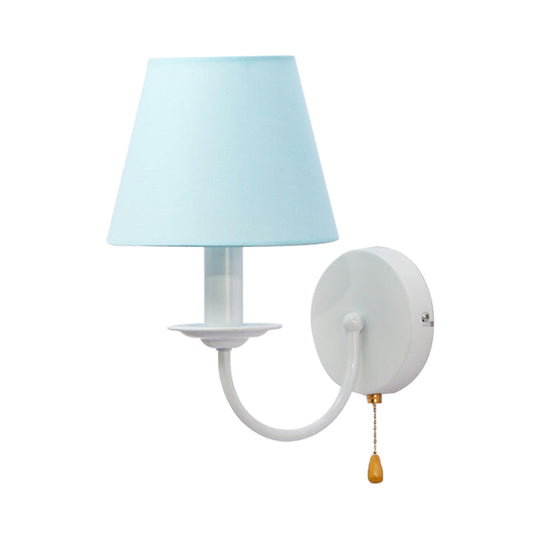 Modern Blue Fabric Tapered Shade Wall Light With Pull Chain - Dining Room Sconce