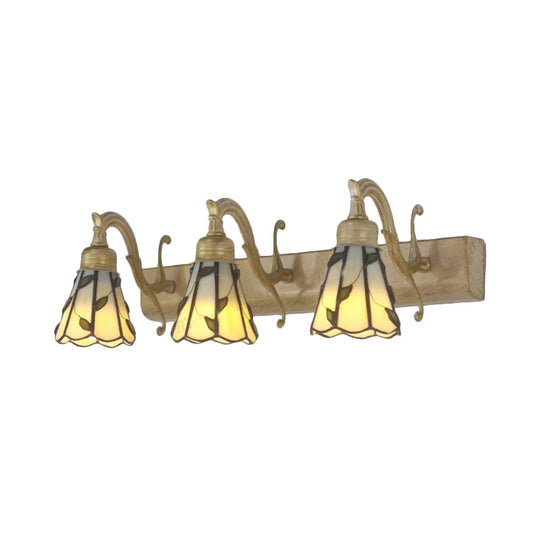 Rustic Loft Stained Glass Vanity Light With Linear Backplate And 3 Leaf-Shaped Heads In