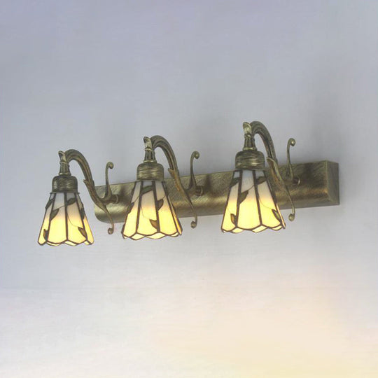 Rustic Loft Stained Glass Vanity Light With Linear Backplate And 3 Leaf-Shaped Heads In