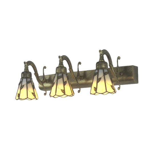 Rustic Loft Stained Glass Vanity Light With Linear Backplate And 3 Leaf-Shaped Heads In