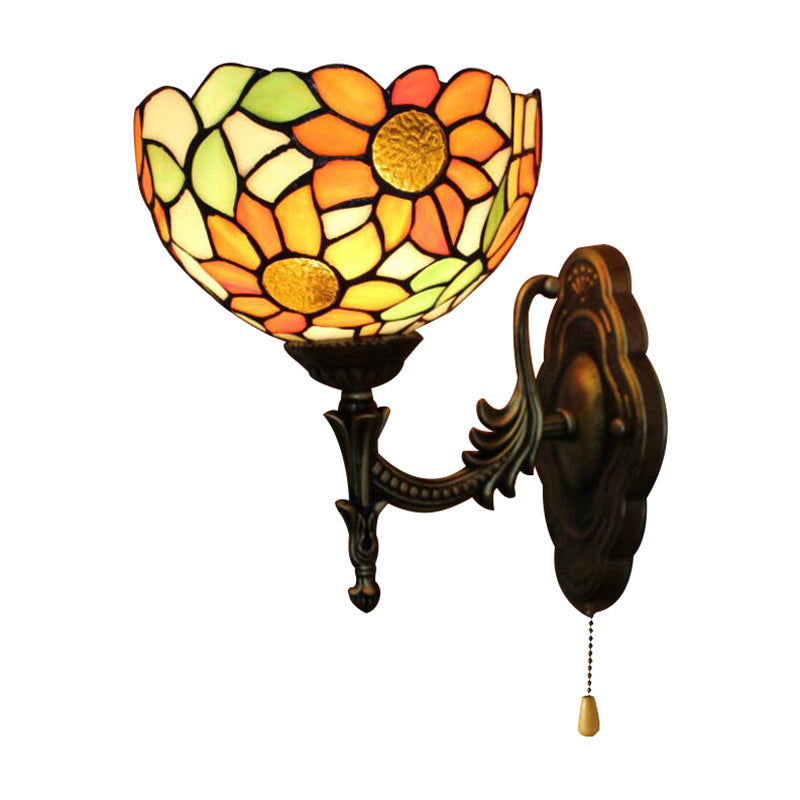 Rustic Tiffany Stained Glass Sunflower Wall Lamp In Orange 1 Light Sconce For Libraries