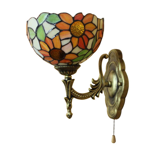 Rustic Tiffany Stained Glass Sunflower Wall Lamp In Orange 1 Light Sconce For Libraries