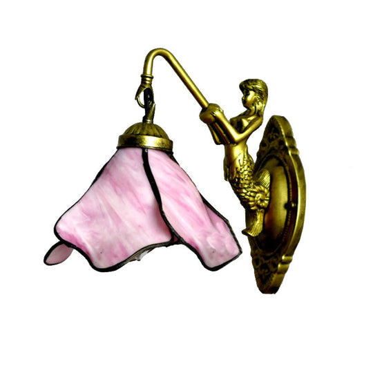 Tiffany Blue/Clear/Pink Glass Sconce Light Fixture With Mermaid Backplate - Petal Wall Mount