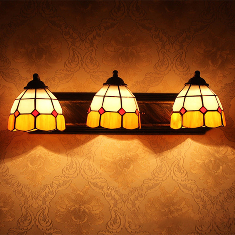 Grid Pattern Tiffany Orange & White Glass Wall Mount Sconce Light With 3 Bronze Heads
