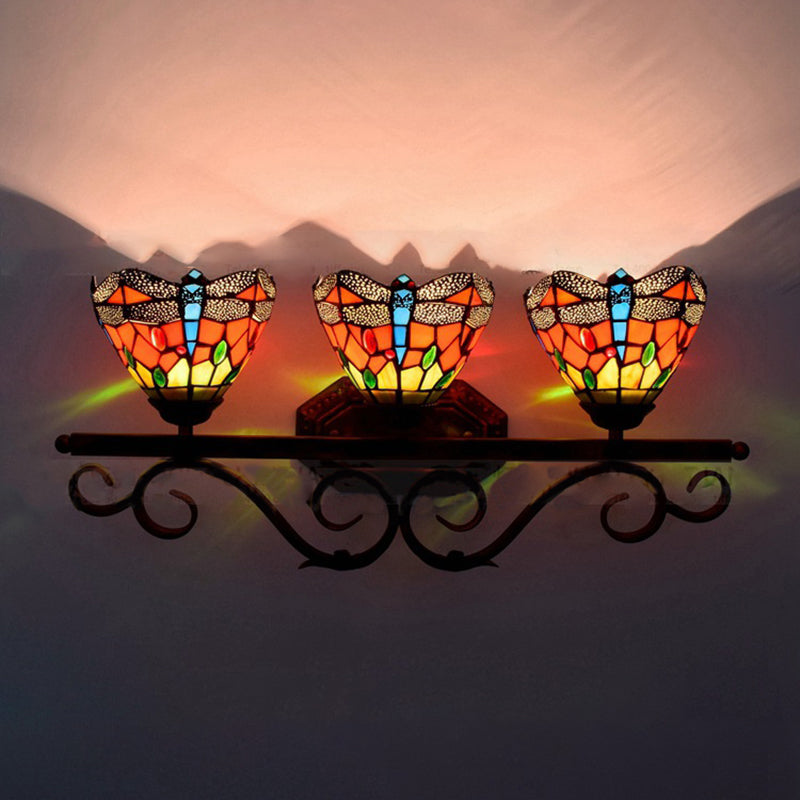 Tiffany Vintage Dragonfly Wall Lamp With 3 Orange Stained Glass Lights For Restaurants