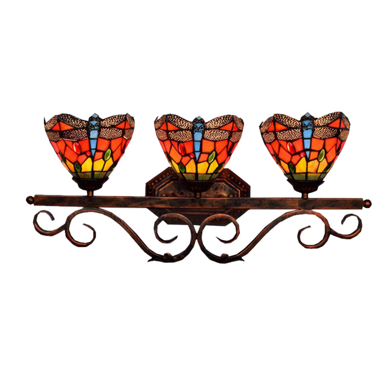 Tiffany Vintage Dragonfly Wall Lamp With 3 Orange Stained Glass Lights For Restaurants
