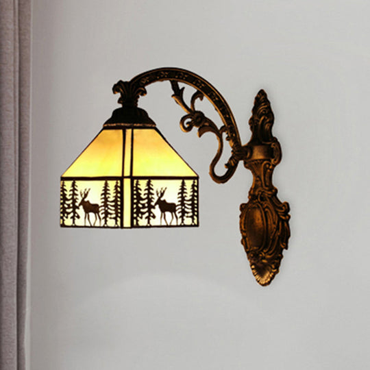 Rustic Forest Deer Wall Light With Lodge Shade - 1 Tiffany Sconce In Beige Ideal For Hotels