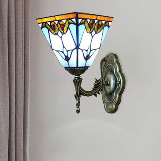 Blue Stained Glass Tiffany Victorian Sconce Lamp: Pyramid Study Room Wall Light