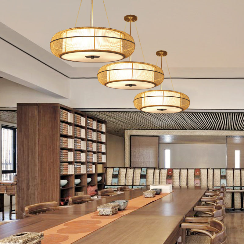 Modern 3-Head Bamboo Pendant Light With Stylish Drum Shade For Dining Room Ceiling (Black/Wood)