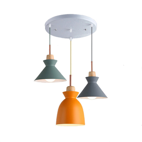 Modern Multi-Color Cone And Dome Pendant Light With 3 Metal Lights - Linear/Round Canopy
