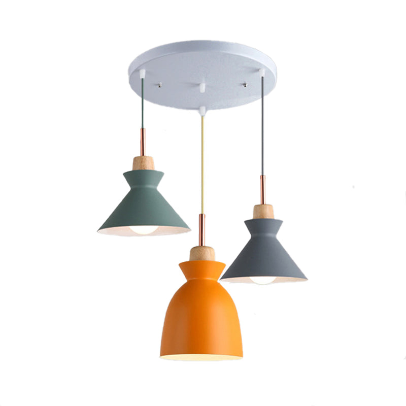 Modern 3-Light Metal Pendant With Multi-Color Cones And Domes Hanging From Linear/Round Canopy -