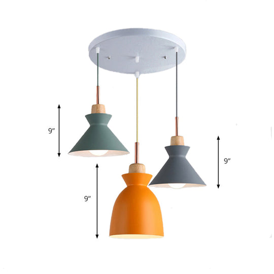Modern Multi-Color Cone And Dome Pendant Light With 3 Metal Lights - Linear/Round Canopy