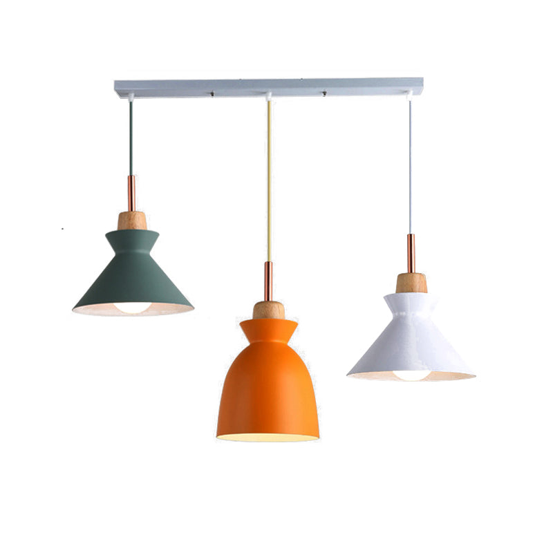 Modern 3-Light Metal Pendant With Multi-Color Cones And Domes Hanging From Linear/Round Canopy -