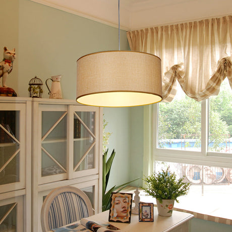 Simple Beige Fabric Drum Pendant Led Ceiling Light | 12/16/19.5 Diameter