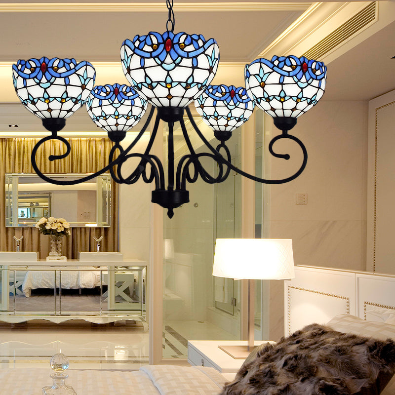 Blue Stained Glass Victorian Pendant Chandelier 5-Light Indoor Lighting For Foyer