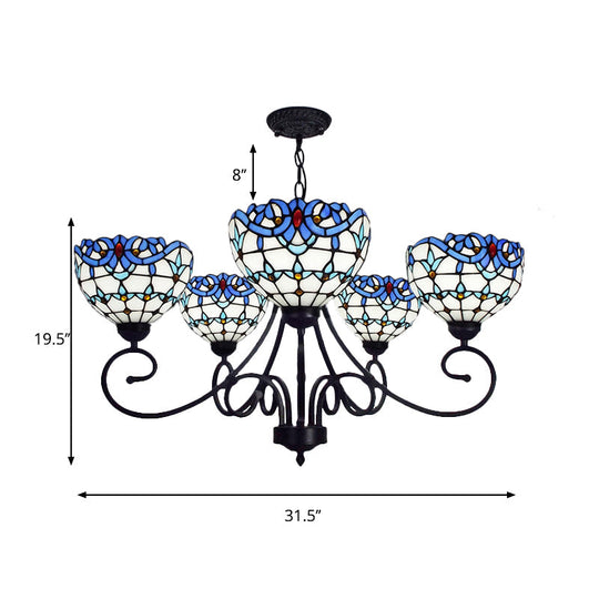 Victorian Stained Glass Bowl Pendant Light - Blue 5-Light Chandelier For Indoor Foyer Use