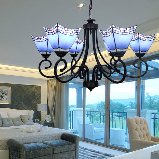 Nautical Cone Chandelier Lamp: Stained Glass Pendant Lighting In Sky Blue/Blue - 6 Lights Blue