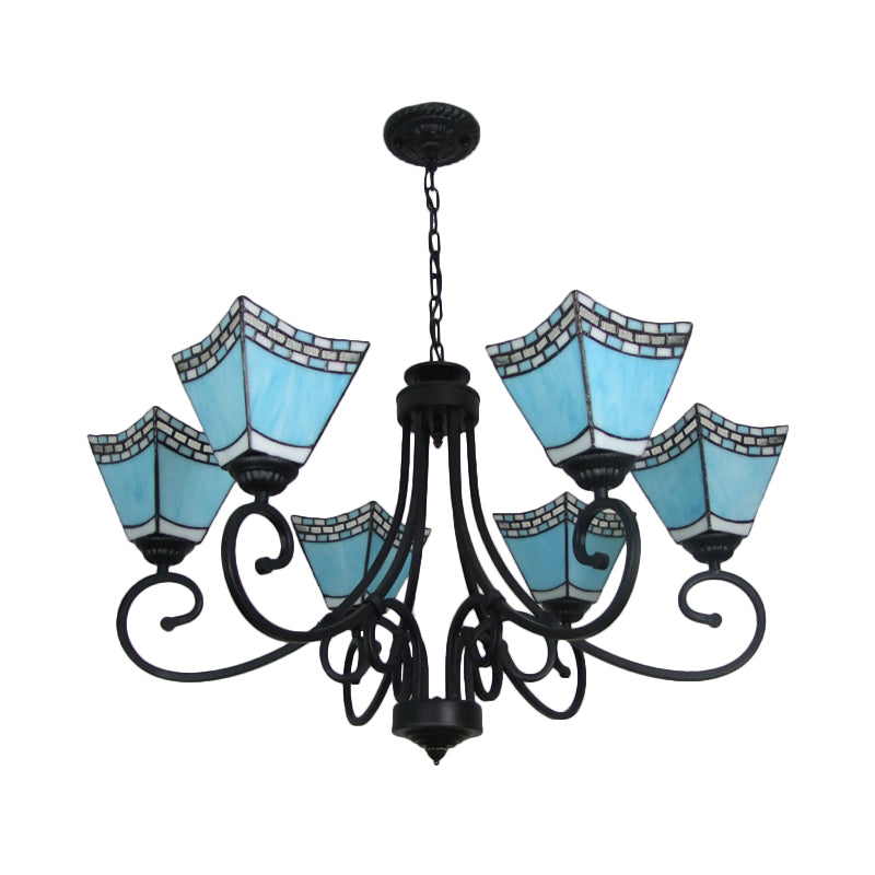 Nautical Cone Chandelier Lamp: Stained Glass Pendant Lighting In Sky Blue/Blue - 6 Lights
