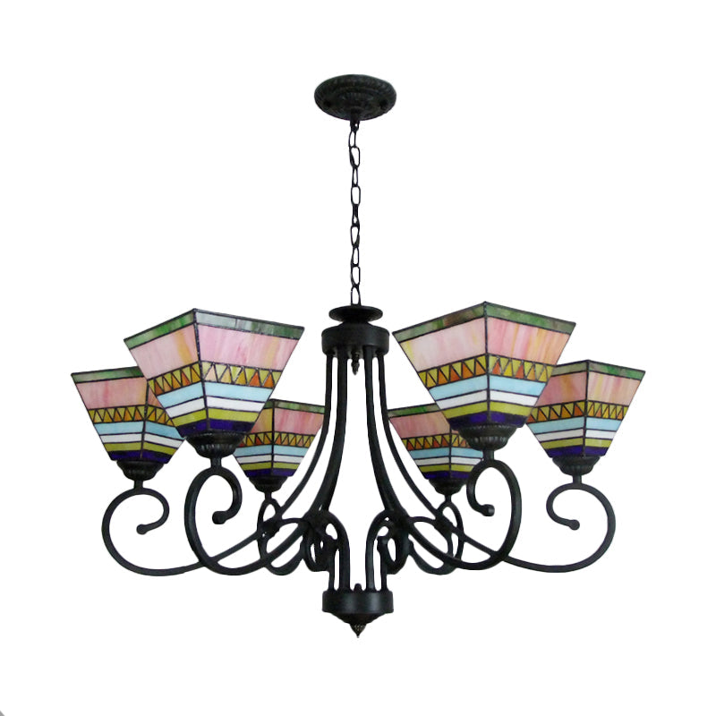 Mission Style Stained Glass Pyramid Chandelier With 6 Pink/Orange Lights - Perfect For Living Room