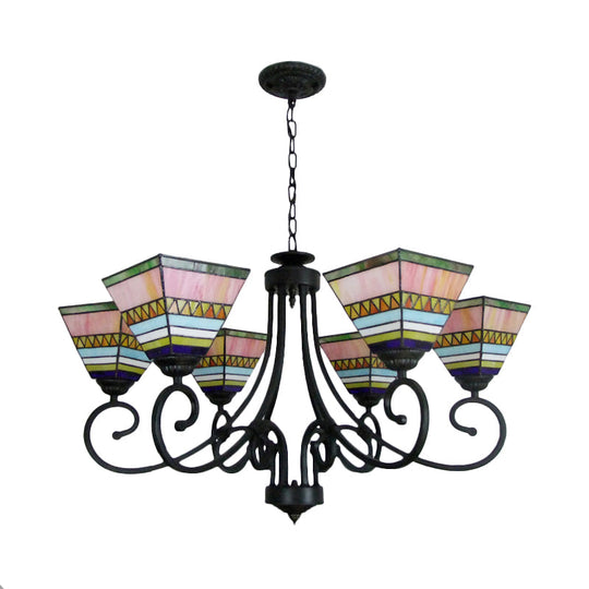 Mission Style Stained Glass Pyramid Chandelier With 6 Pink/Orange Lights - Perfect For Living Room