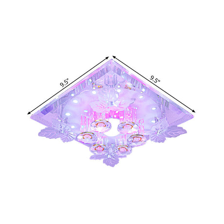 Clear Crystal Led Flush Mount Ceiling Light With Leaf Deco In Warm/White - 7/9.5 Width For Hallways