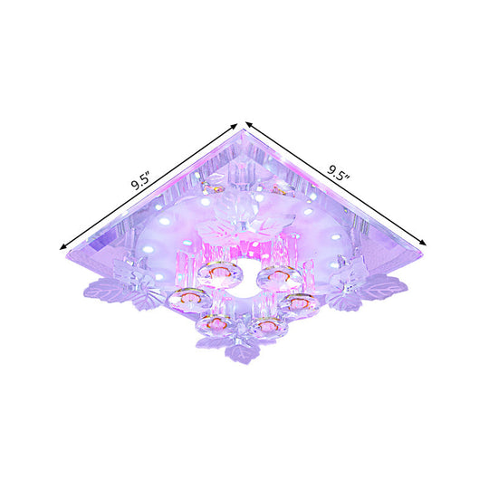 Clear Crystal Led Flush Mount Ceiling Light With Leaf Deco In Warm/White - 7/9.5 Width For Hallways