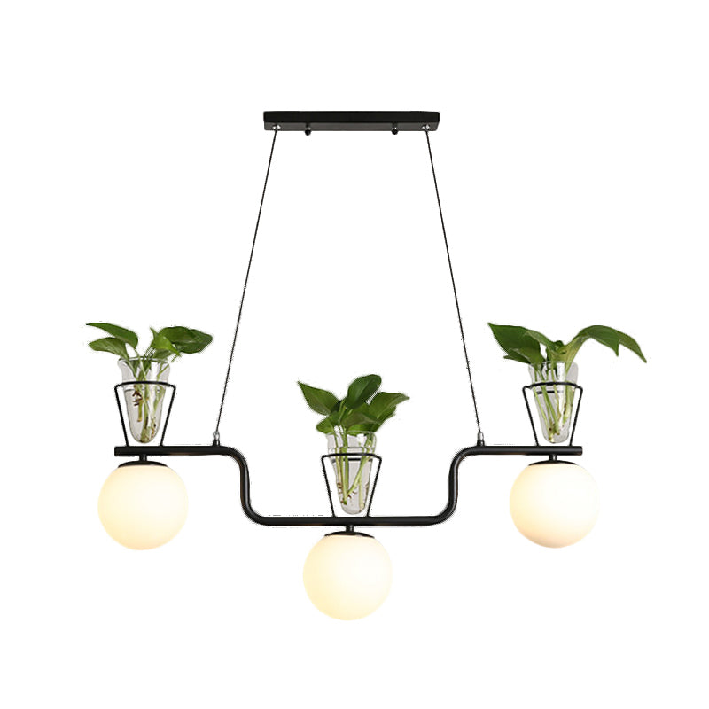 Industrial Black Island Light Fixture With Opal Glass Globe Pendant And Clear Pot - 3-Bulb