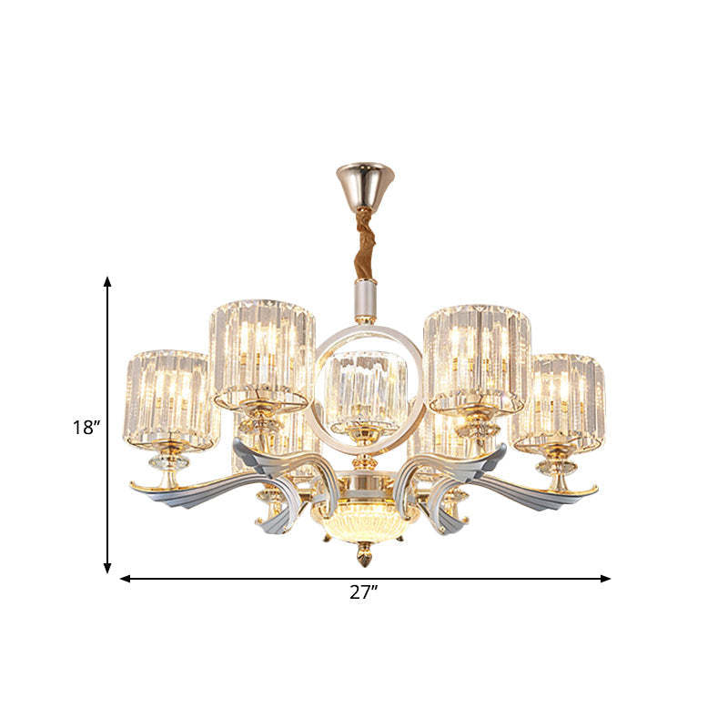 Minimalist Crystal Drum Pendant Chandelier – Gold Ceiling Light For Bedroom (6 Bulbs)