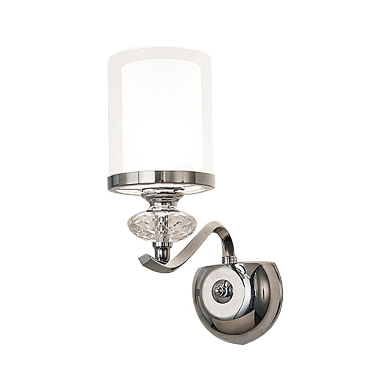 Modern Chrome Dual Cylinder Wall Mount Sconce With Curvy Arm - Simple Bathroom Lighting