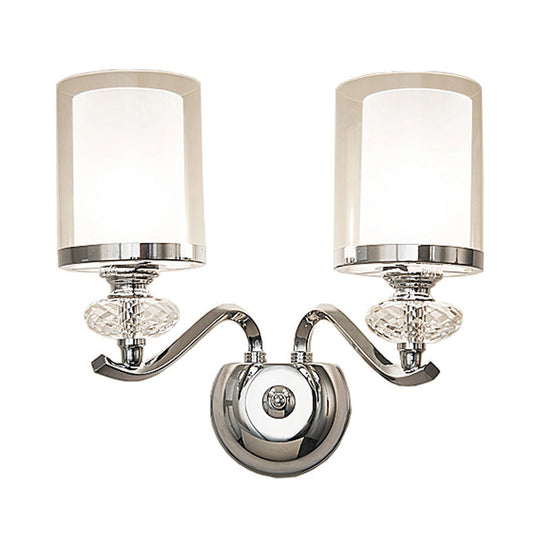 Modern Chrome Dual Cylinder Wall Mount Sconce With Curvy Arm - Simple Bathroom Lighting