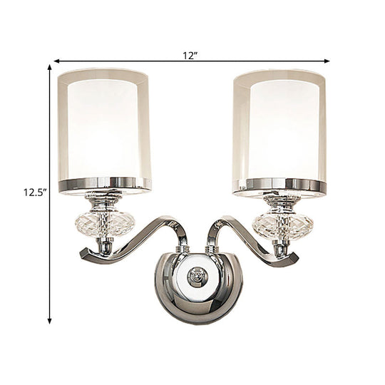 Modern Chrome Dual Cylinder Wall Mount Sconce With Curvy Arm - Simple Bathroom Lighting