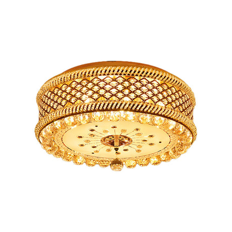 Modern Drum Shade Ceiling Lamp With Led Gold Finish And Crystal Accents For Living Room