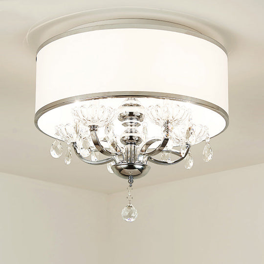 Modernist Metal 5 - Head Crystal Flushmount Ceiling Light With Drum Shade Chrome