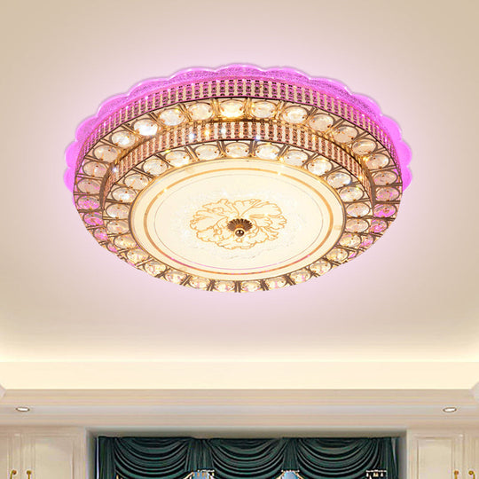 Modernist Gold Led Flush Mount Ceiling Fixture With Beveled Crystal & Flower Pattern