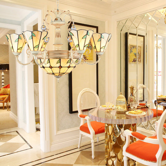 9/11 Lights Stained Glass Indoor Pendant Light: Cone And Dome Shade Rustic Beige Chandelier 9 /