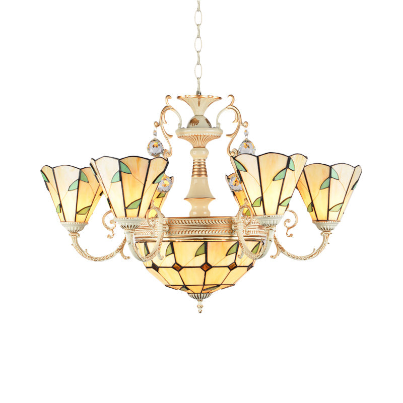 9/11 Lights Stained Glass Indoor Pendant Light: Cone And Dome Shade Rustic Beige Chandelier